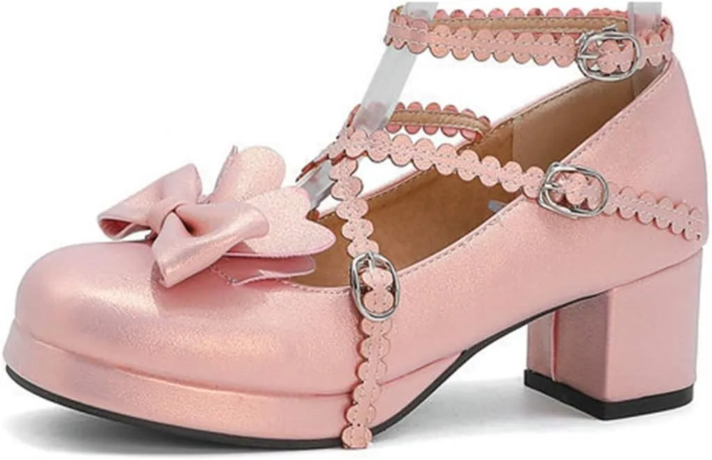 VOKLIN Women's Girls Lolita Mary Janes Pumps Princess Sweet Bow Cross Strap Block Mid Heel Oxford Dress Shoes