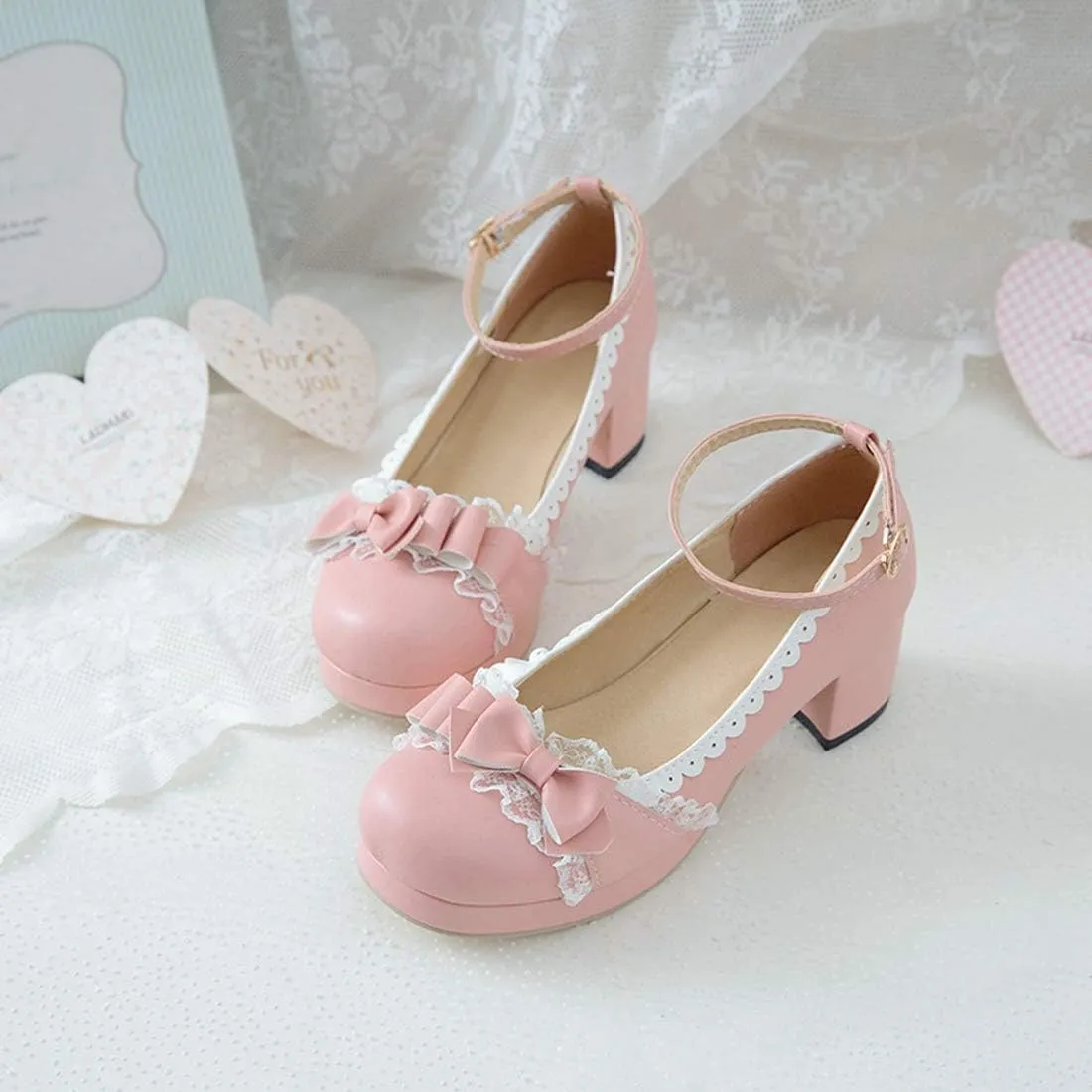 VOKLIN Women's Girls Lolita Platform Mary Jane Pumps Sweet Bow Ankle Strap Block Mid Heel Oxford Dress Shoes