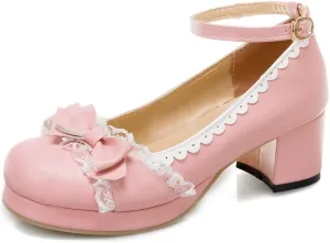 VOKLIN Women's Girls Lolita Platform Mary Jane Pumps Sweet Bow Ankle Strap Block Mid Heel Oxford Dress Shoes