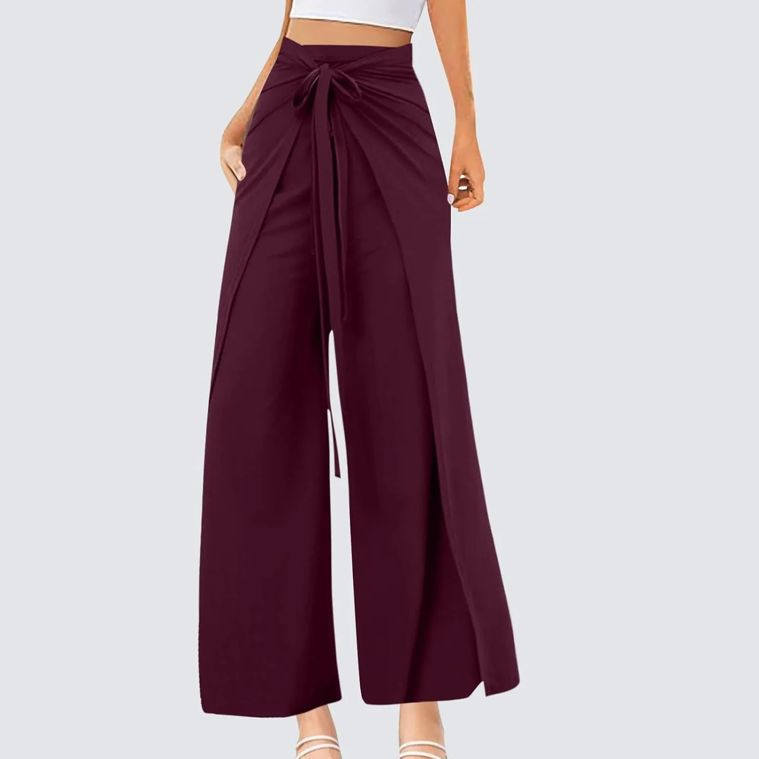 Wide Leg Pants for Women High Waist Tie Knot Front Split Flowy Palazzo Pant Dressy Casual Loose Comfy Lounge Trousers