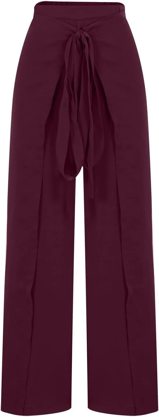 Wide Leg Pants for Women High Waist Tie Knot Front Split Flowy Palazzo Pant Dressy Casual Loose Comfy Lounge Trousers