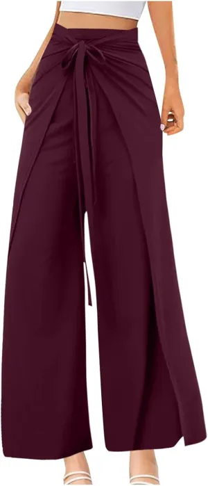 Wide Leg Pants for Women High Waist Tie Knot Front Split Flowy Palazzo Pant Dressy Casual Loose Comfy Lounge Trousers