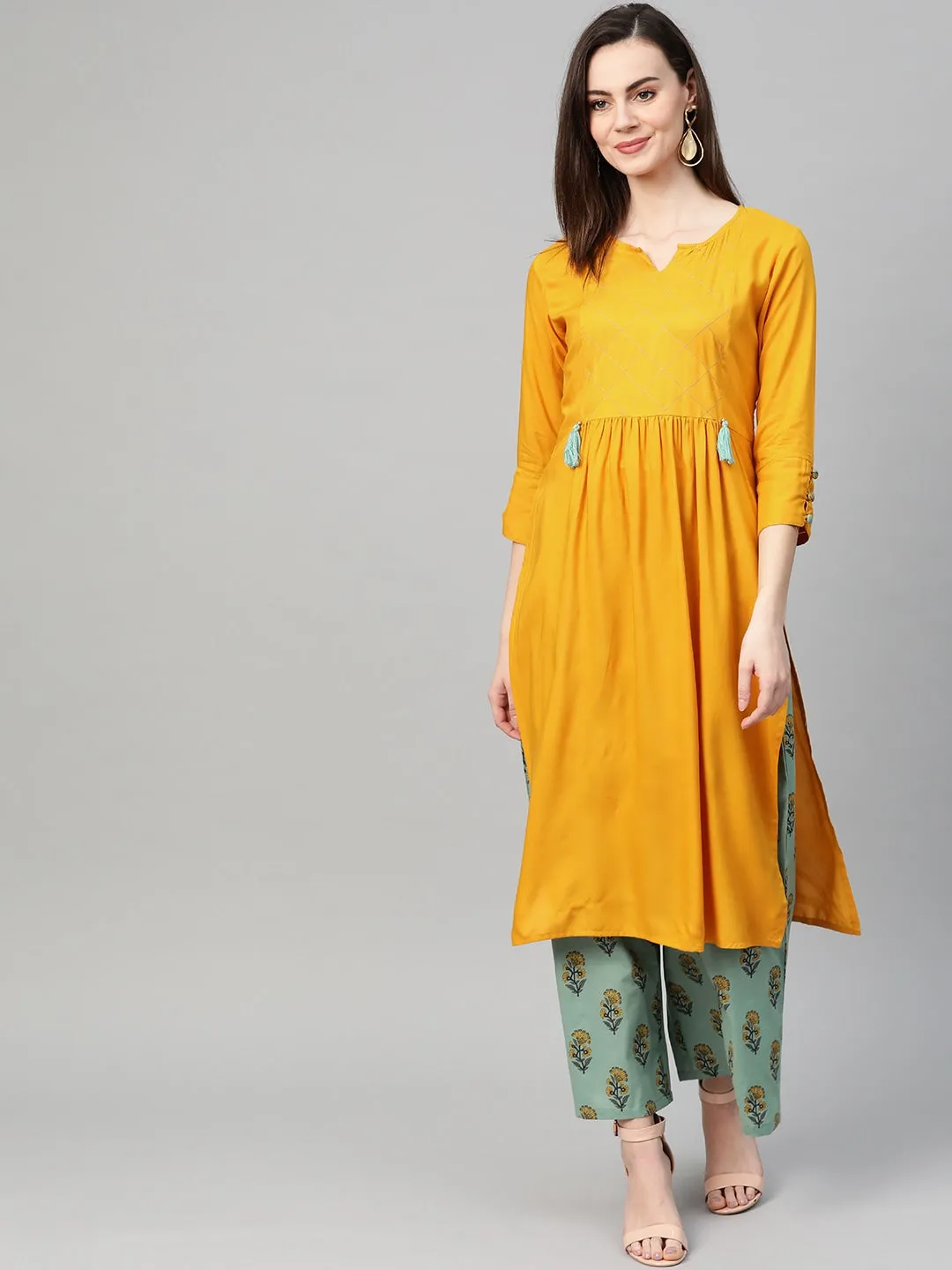 Women Mustard Straight Kurta Set