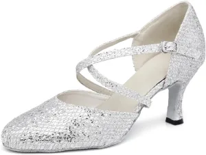 Women's Closed-Toe Synthetic Glitter Material Ballroom Tango Party Wedding Professional Dance Shoes L342 Silver US 4.5