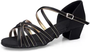 Women's Latin Dance Shoes Low Heel Practice Dancing Sandals Cross Strap for Social Dance Beginner