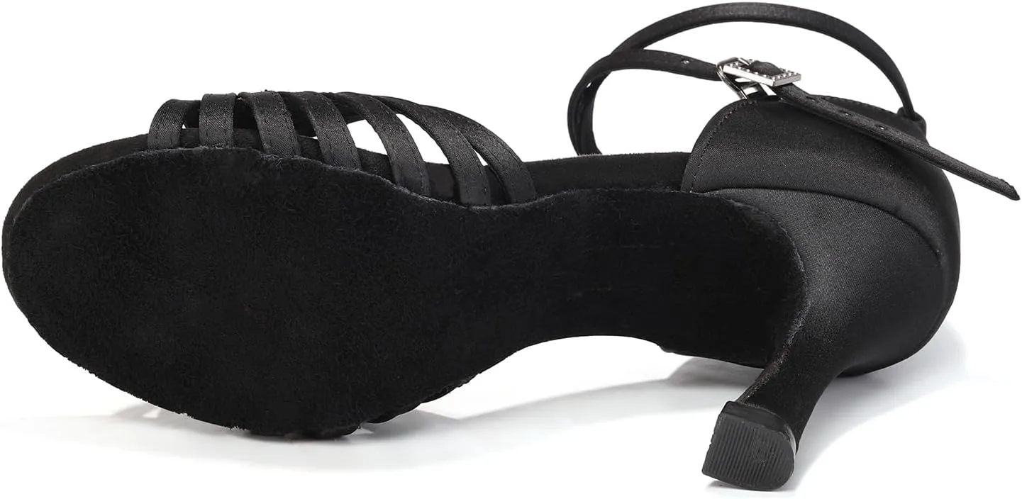 Women's Latin Dance Shoes Satin Open Toe Professional Practice Ballroom Salsa Dancing Shoes 9cm Heel