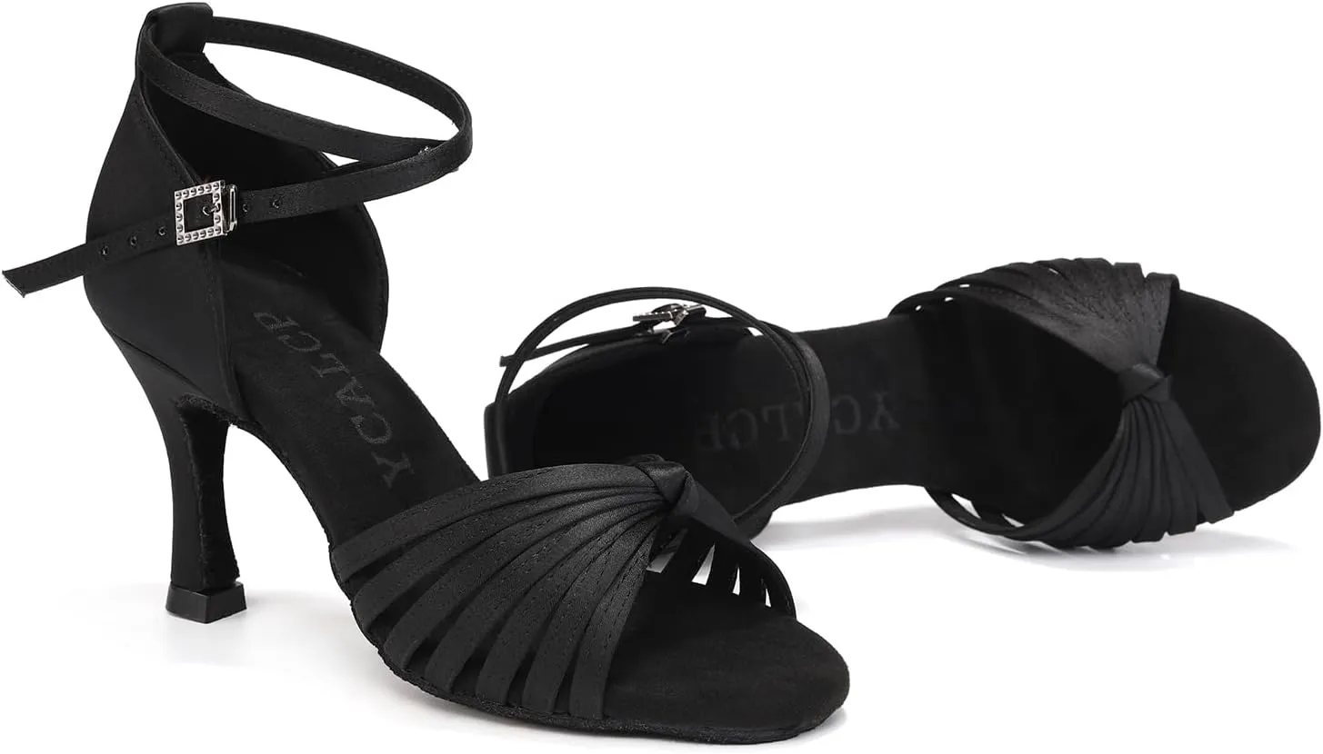 Women's Latin Dance Shoes Satin Open Toe Professional Practice Ballroom Salsa Dancing Shoes 9cm Heel