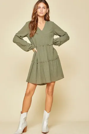 Women's Olive Mini Tiered Long Sleeve Dress