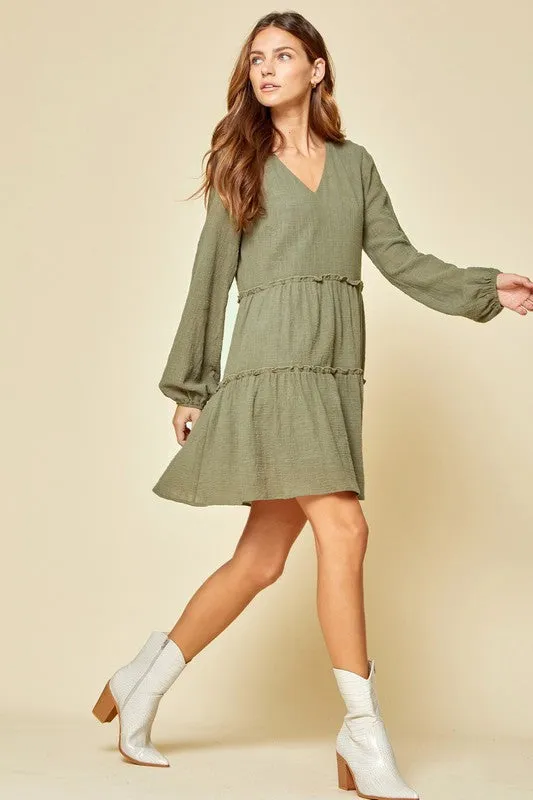 Women's Olive Mini Tiered Long Sleeve Dress