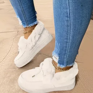 Women'S Winter Ankle Boots, Solid Color, Round Toe, Low Platform Heel, Slip-on, Fabric Upper, Fabric Inner, Fabric Insole, TPR Sole, Plus Size, Warm, Plush, Snow Boots, Ladies Flats for Women